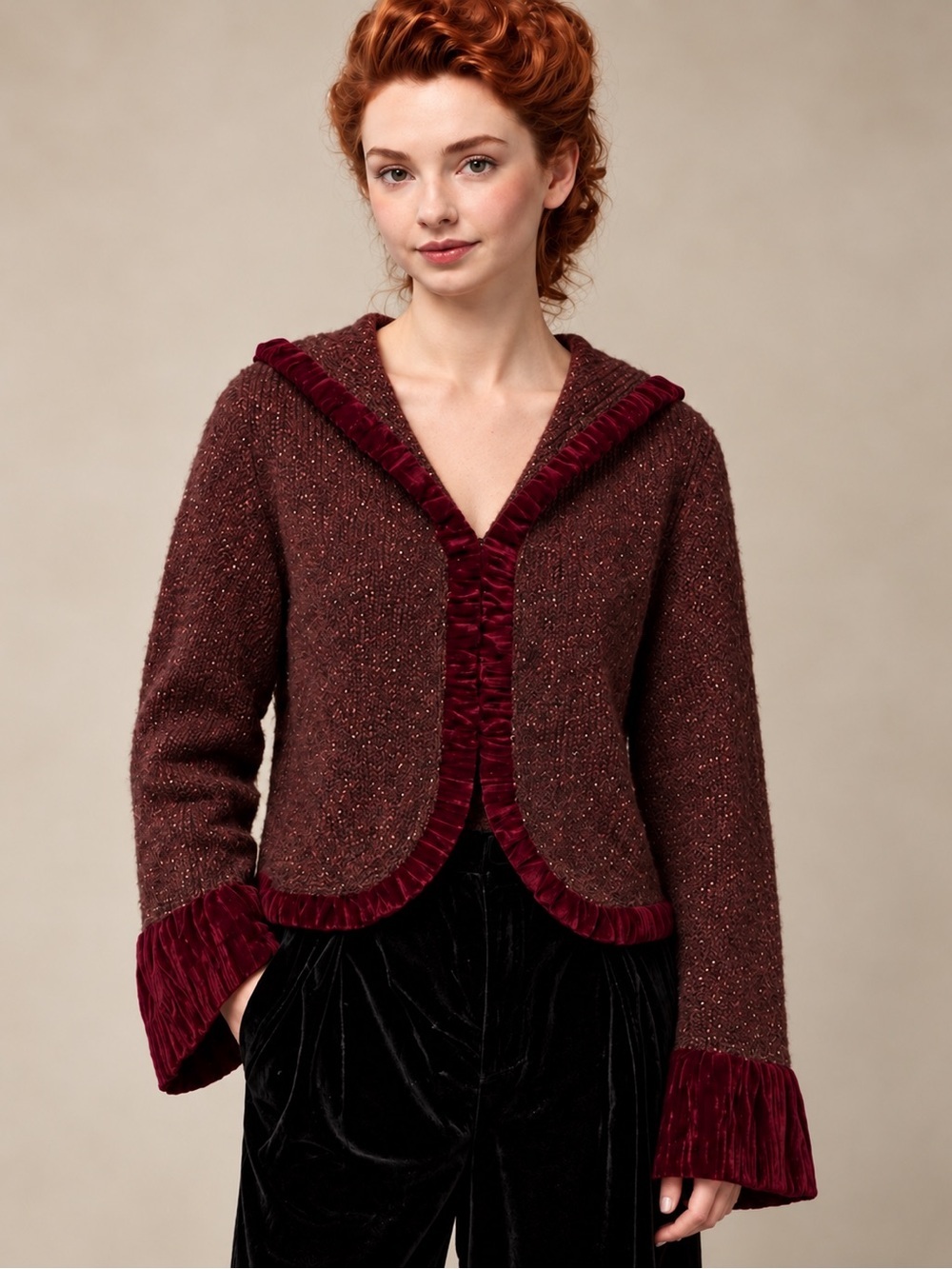 Anthropologie Sleeping on Snow Wool Silk Velvet Ruffle Cardigan S